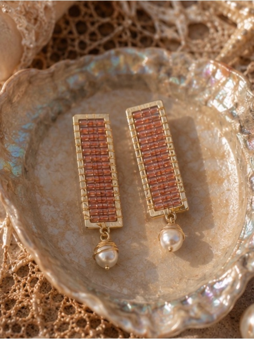 Iridescent Coral Beaded Bar Drop Earrings with Pearl Accent